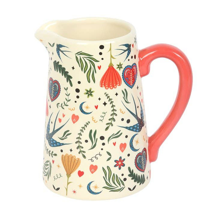Cream Folk Print Ceramic Flower Pitcher