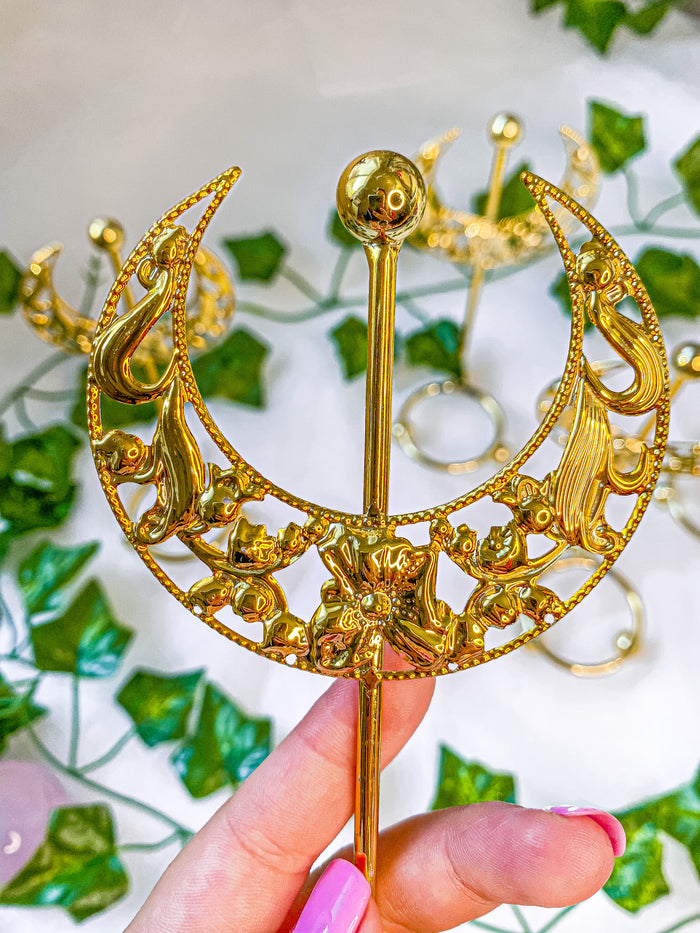 Gold Crescent Moon Crystal Sphere Stand