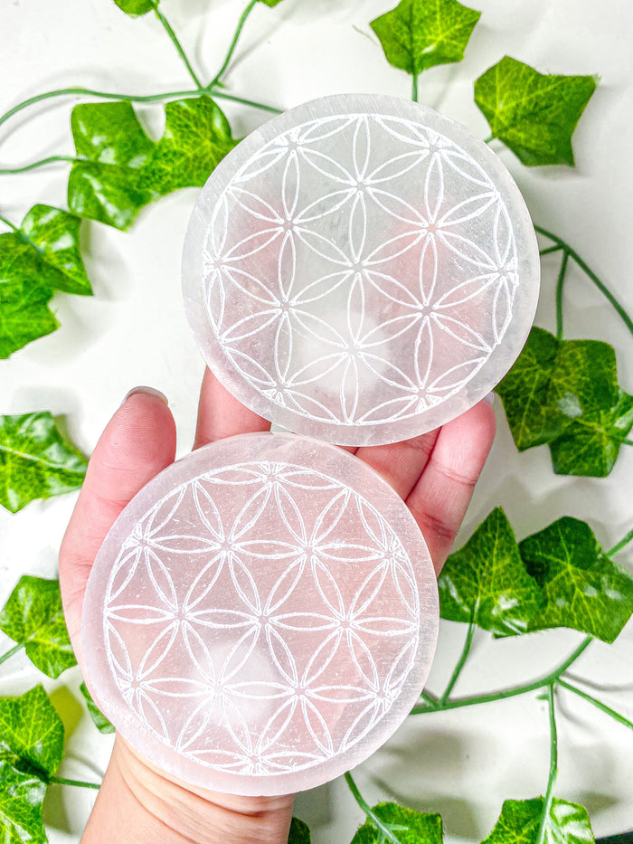 Satin Spar Selenite Flower of Life Circle Charging Plate