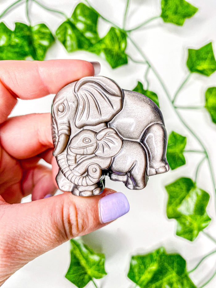 Silver Sheen Obsidian Mother & Baby Elephant