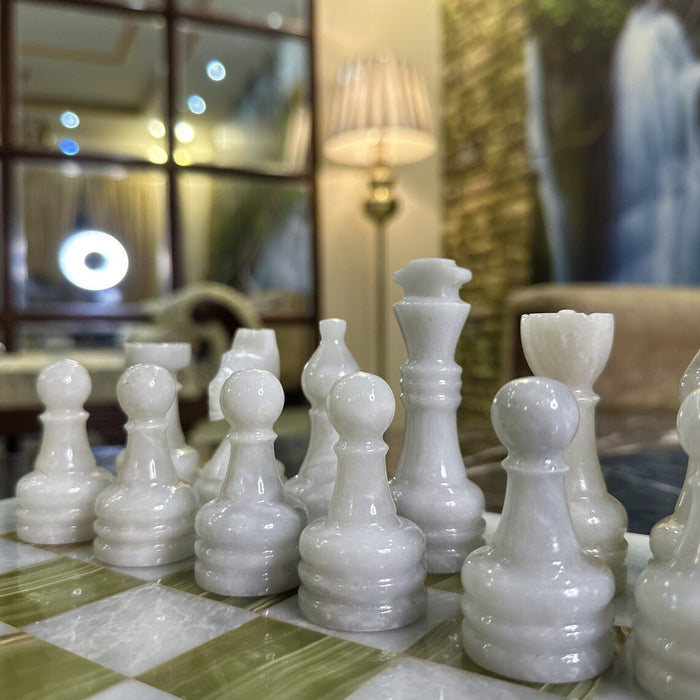 White and Green Onyx Marble Chess Set 15 Inches | Handcrafted Natural Stone