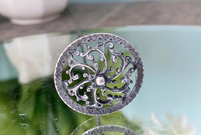 Antique Silver Hat Pin by Fishel and Nessler with Filigree Head at Duckwells