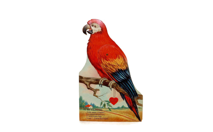 Antique Valentine's Day Card, Mechanical Die Cut Parrot at Duckwells