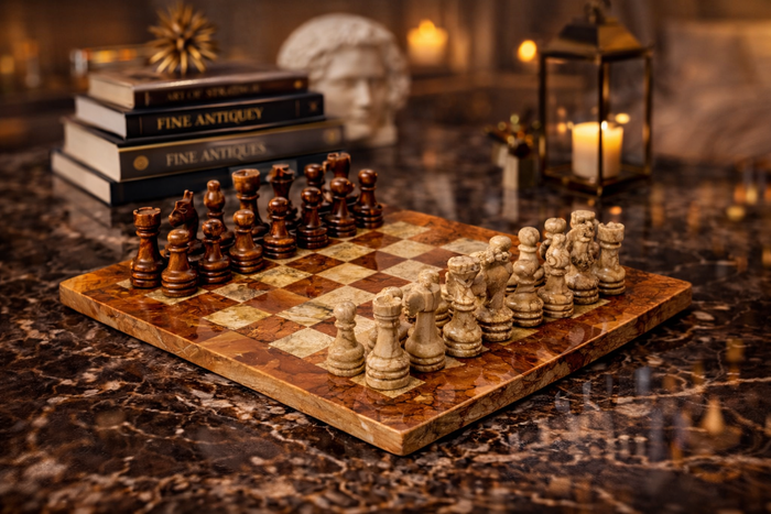 Brown and Coral Marble Chess Set 15 inches | Premium Handcrafted Natural Stone