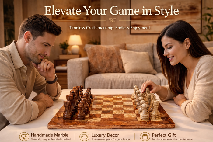 Brown and Coral Marble Chess Set 15 inches | Premium Handcrafted Natural Stone