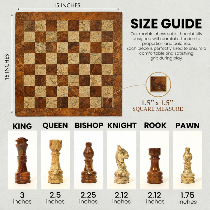 Brown and Coral Marble Chess Set 15 inches | Premium Handcrafted Natural Stone