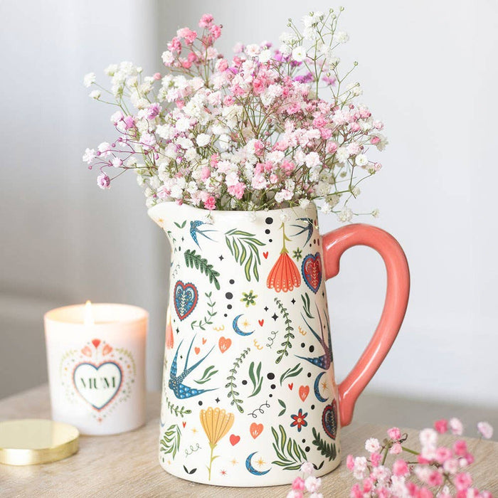 Cream Folk Print Ceramic Flower Pitcher