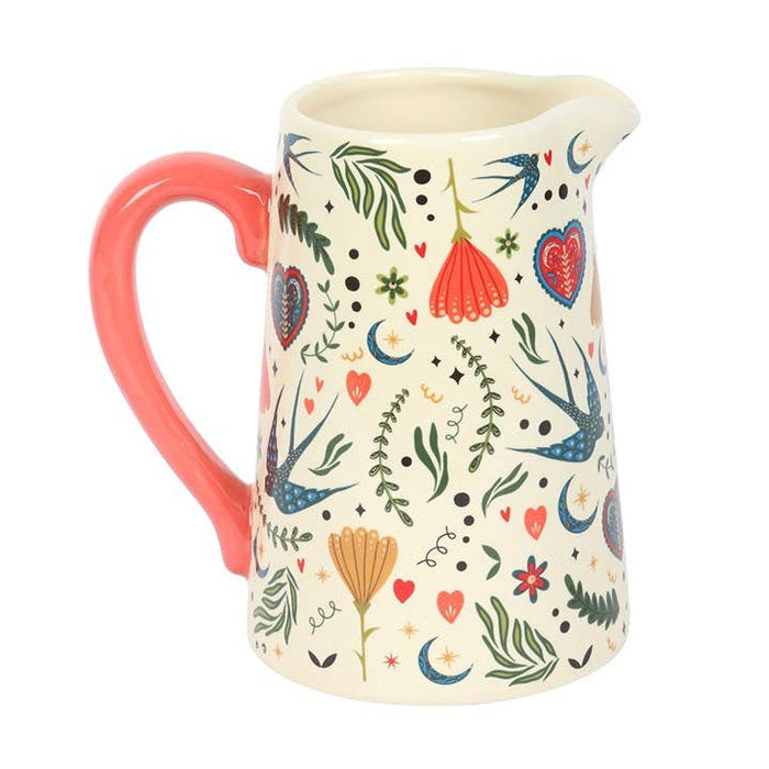 Cream Folk Print Ceramic Flower Pitcher