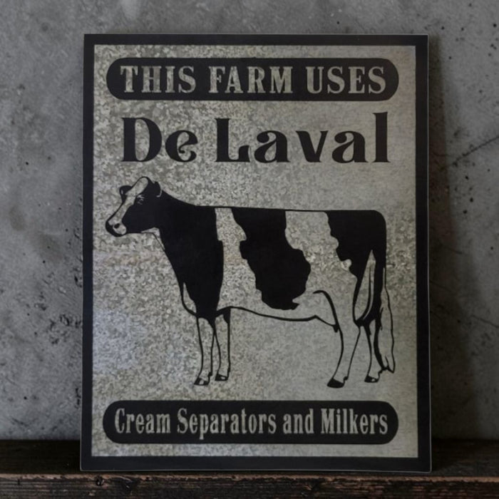 Rustic DeLaval Cream Separators and Milkers farm sign made from reclaimed galvanized barn tin.