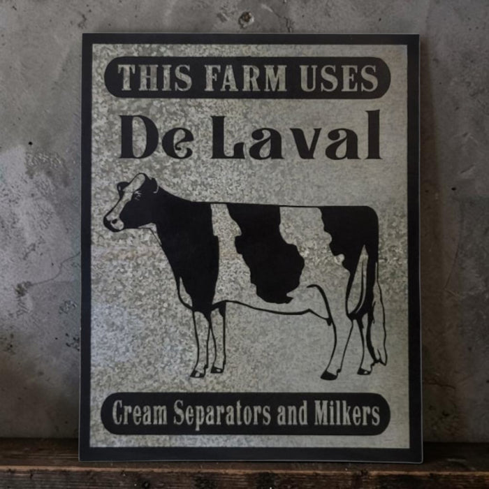 Rustic DeLaval Cream Separators and Milkers farm sign made from reclaimed galvanized barn tin.