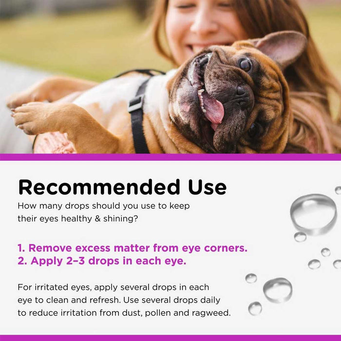 Recommended use. Apply 2-3 drops per eye and remove excess matter from eye corners.