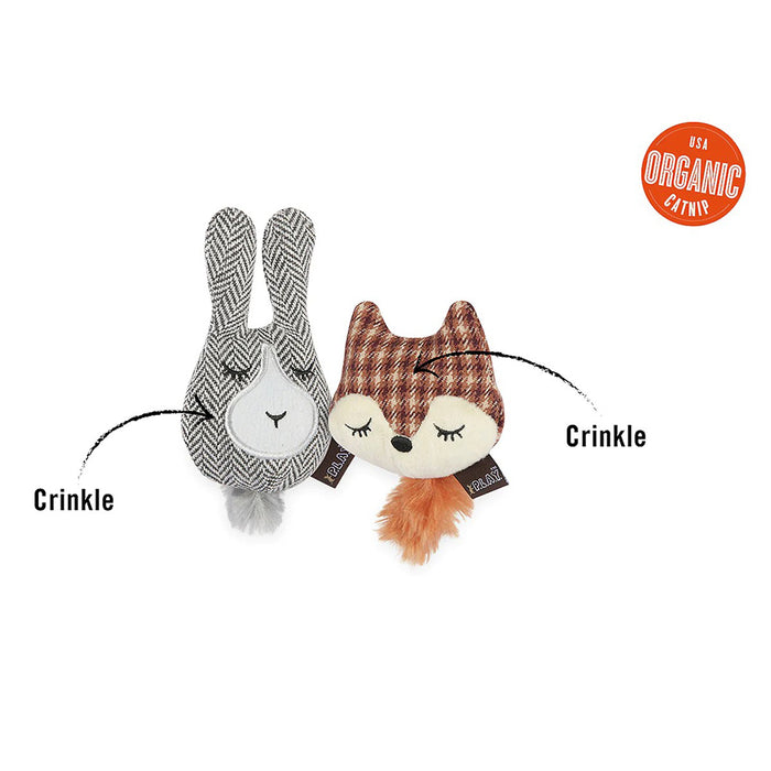 Cat catnip toys in the shape of a fox and a bunny with crinkle sounds