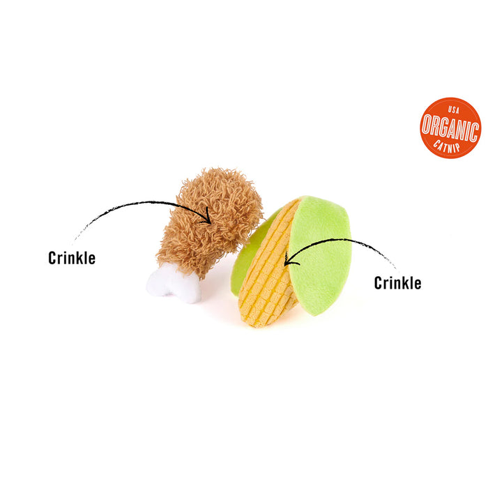 Cat catnip toys in the shape of a chicken leg and corn with crinkle sounds.