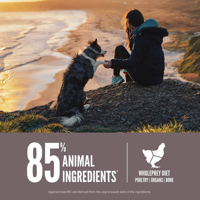 85% animal ingredients. Whole prey diet poultry organs and bone.