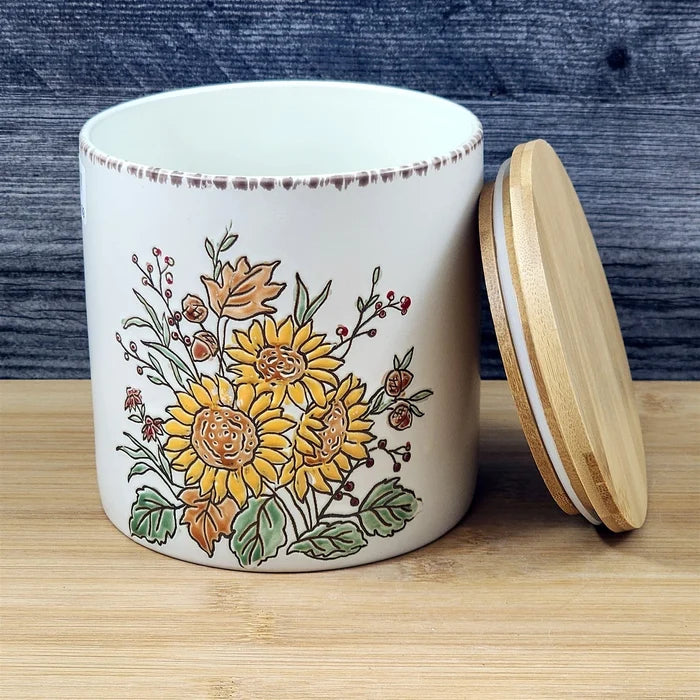 Floral Sunflower Canister & Bamboo Lid Embossed 5" Ceramic Jar Blue Sky Fall