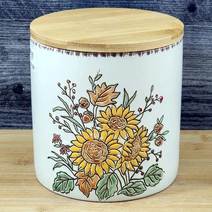 Floral Sunflower Canister & Bamboo Lid Embossed 5" Ceramic Jar Blue Sky Fall