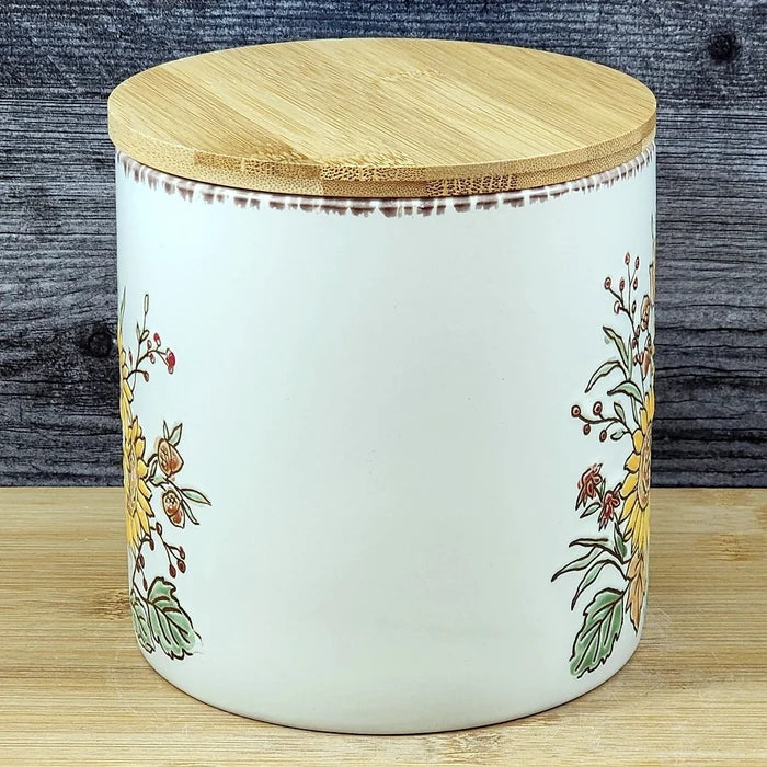 Floral Sunflower Canister & Bamboo Lid Embossed 5" Ceramic Jar Blue Sky Fall