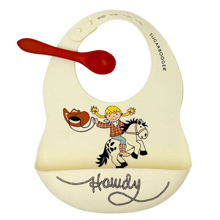 Fresh & Messy Silicone Bib & Spoon Set | Howdy Cowgirl | Sugarbooger by Ore’ Originals
