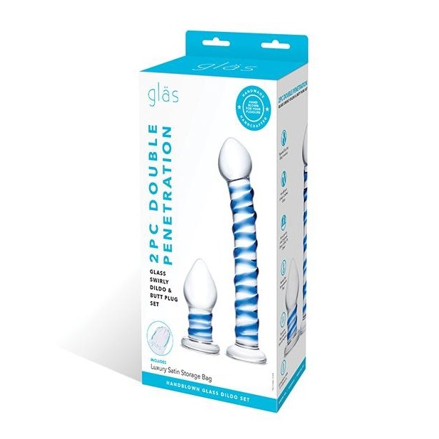 Glas 2pc Douple Penetration Glass Swirly Dildo & Butt Plug Set Intimates Adult Boutique