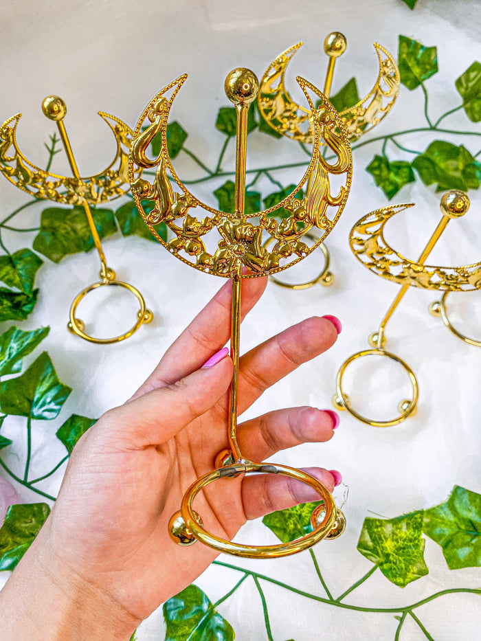 Gold Crescent Moon Crystal Sphere Stand