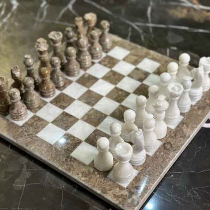Grey Oceanic and White Marble Chess Set - 15 Inch Handcrafted Natural Stone