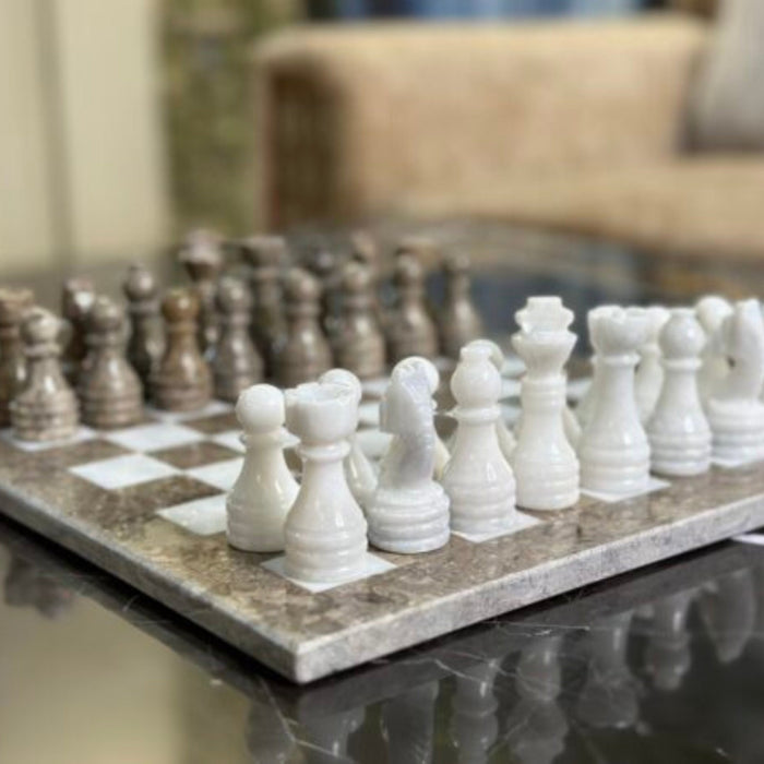 Grey Oceanic and White Marble Chess Set - 15 Inch Handcrafted Natural Stone