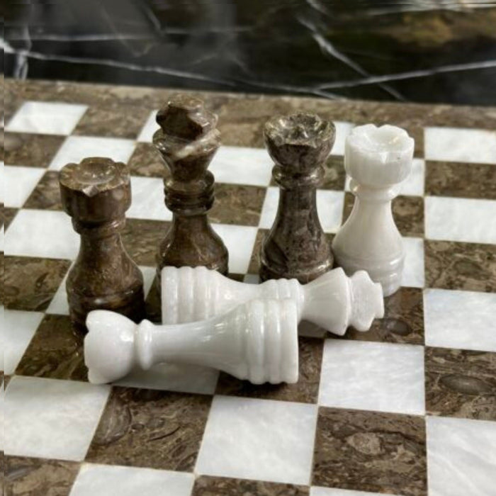Grey Oceanic and White Marble Chess Set - 15 Inch Handcrafted Natural Stone