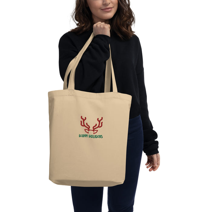 Happy Holidays Deer Christmas Embroidered Eco Tote Bag - Bloom Seventy Seven