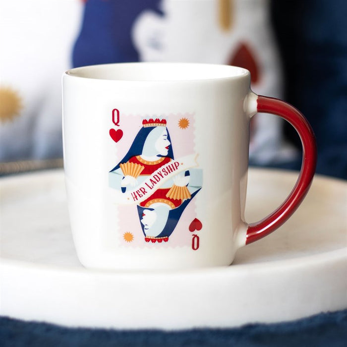 her ladyship playing card mug styled in home setting with elegant queen design