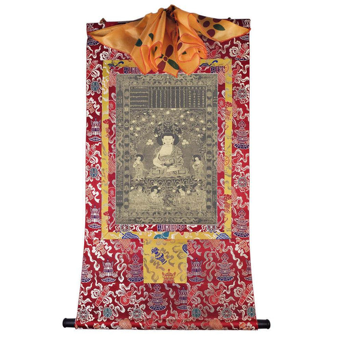Krakucchanda Buddha - Tibetan thangka painting, detailed view