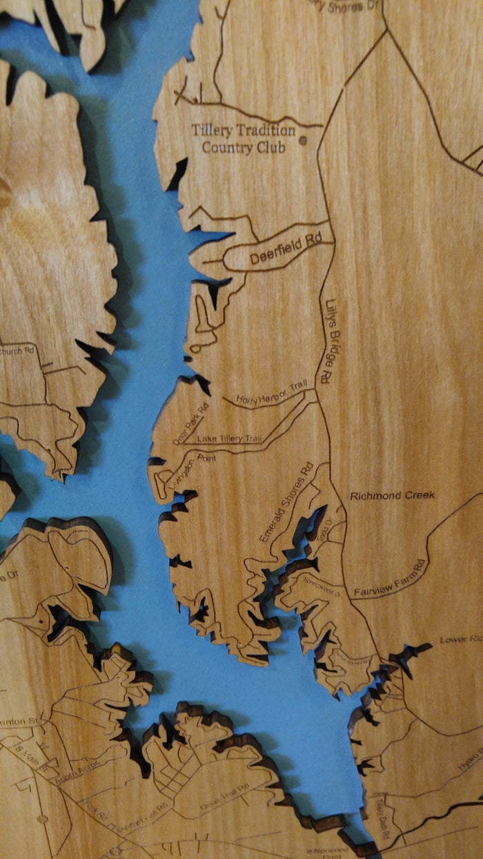 Lake Tillery, North Carolina - Wood Cut Laser Map