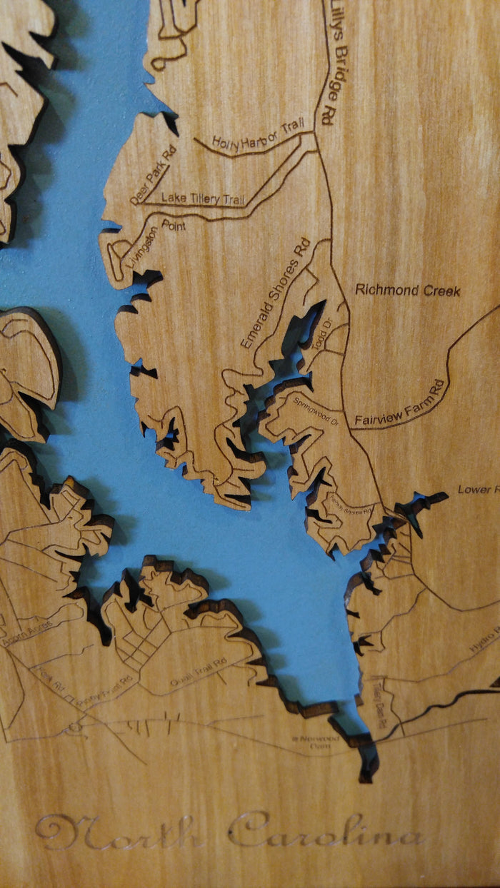 Lake Tillery, North Carolina - Wood Cut Laser Map