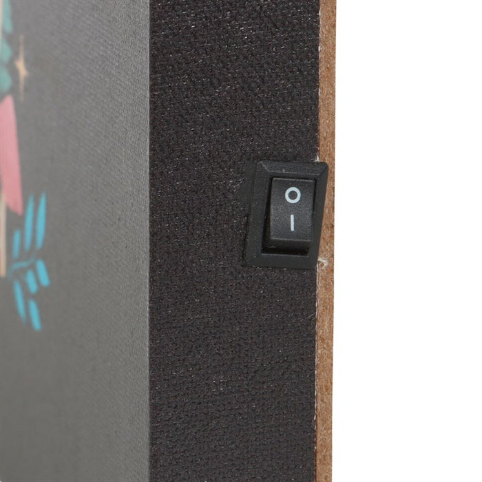 side view of light up forest mushroom canvas showing discreet on off switch