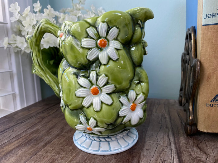 Midcentury Ceramic Pitcher, Green Apple and Daisies Inarco 1967 at Duckwells