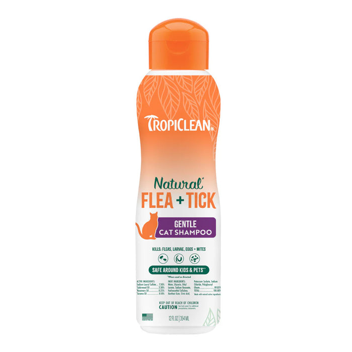 Tropiclean Natural Flea + Tick Gentle Cat Shampoo Kills Fleas, Larvae, Eggs and Mites. Safe Around Kids and Pets. 12 fl oz.