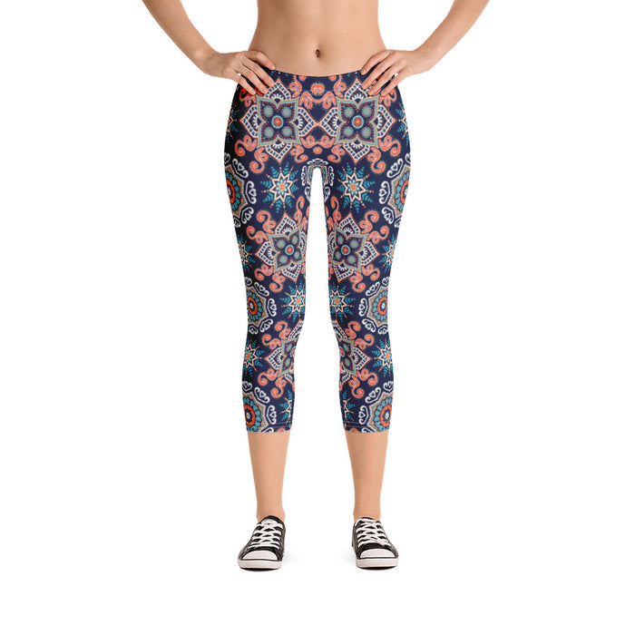Navy Blue Mandala Capri Leggings - Bloom Seventy Seven