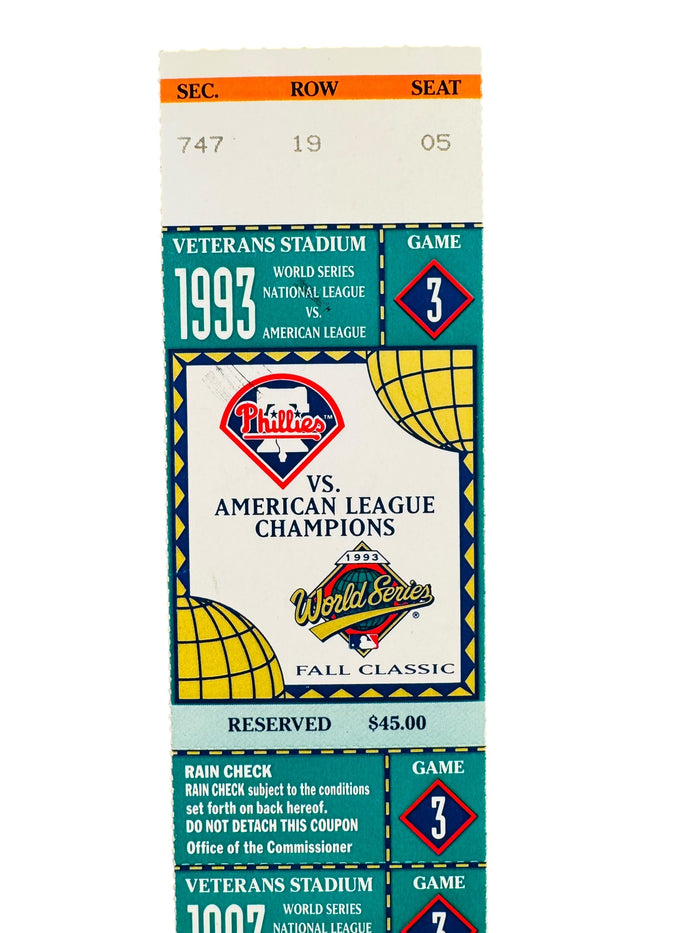 PHILADELPHIA PHILLIES 1993 WORLD SERIES GAME 3 TICKET 10/19/93 VETERANS STADIUM