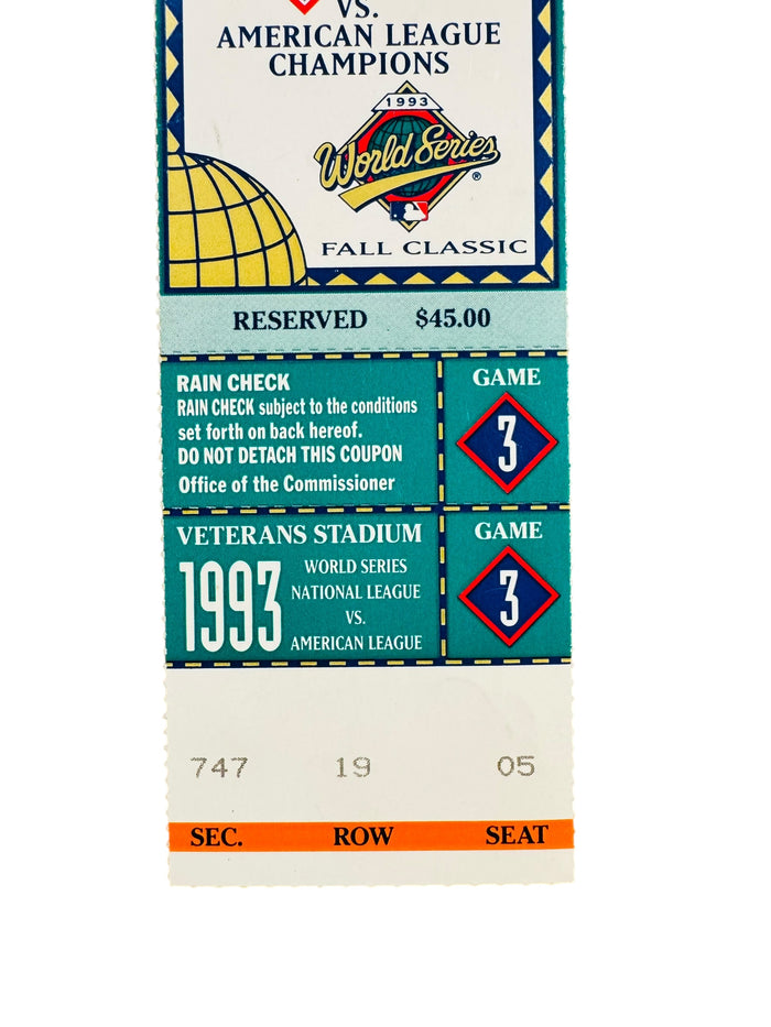 PHILADELPHIA PHILLIES 1993 WORLD SERIES GAME 3 TICKET 10/19/93 VETERANS STADIUM