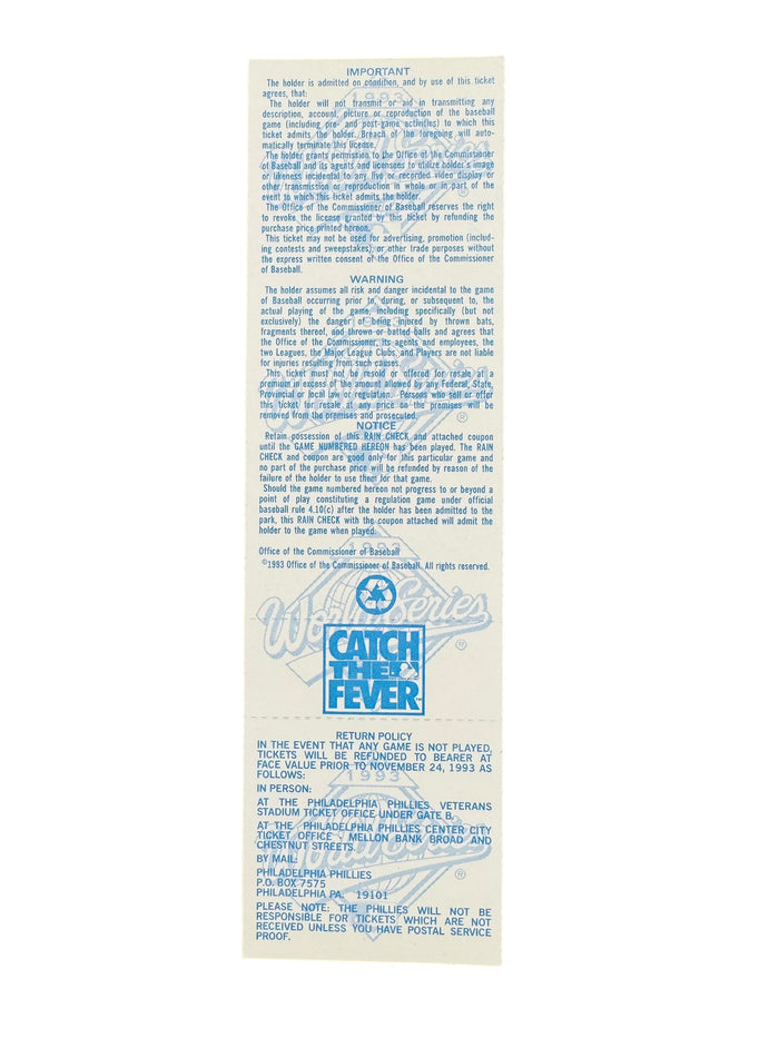 PHILADELPHIA PHILLIES 1993 WORLD SERIES GAME 3 TICKET 10/19/93 VETERANS STADIUM