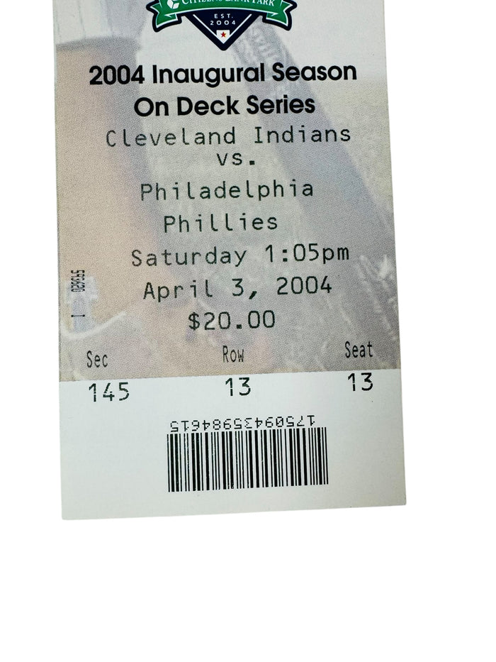 PHILADELPHIA PHILLIES 2004 INAUGURAL ON DECK GAME CITIZENS BANK PARK TICKET APRIL 3, 2004