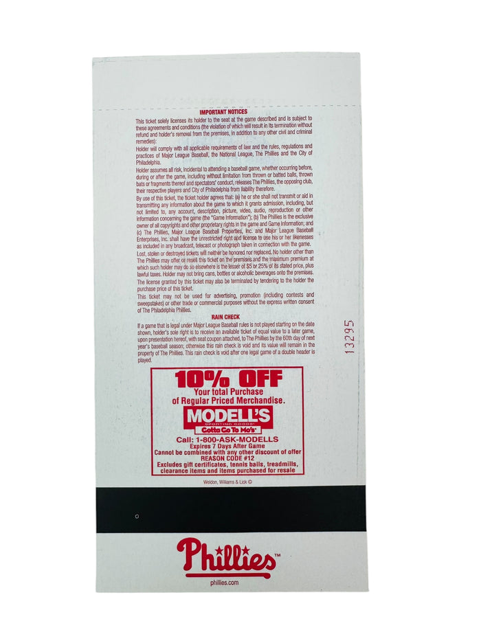 PHILADELPHIA PHILLIES 2004 INAUGURAL ON DECK GAME CITIZENS BANK PARK TICKET APRIL 3, 2004