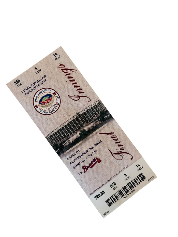 PHILADELPHIA PHILLIES LAST GAME AT VETERANS STADIUM 2003 COMMEMORATIVE TICKET + SLEEVE