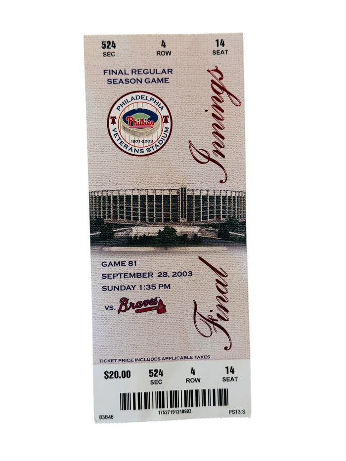 PHILADELPHIA PHILLIES LAST GAME AT VETERANS STADIUM 2003 COMMEMORATIVE TICKET + SLEEVE