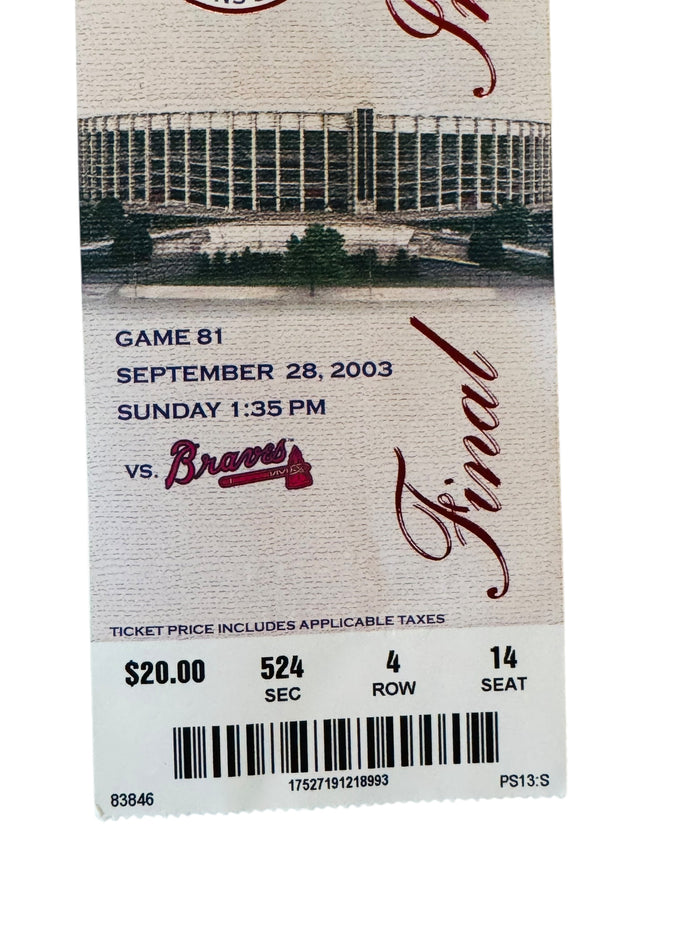 PHILADELPHIA PHILLIES LAST GAME AT VETERANS STADIUM 2003 COMMEMORATIVE TICKET + SLEEVE