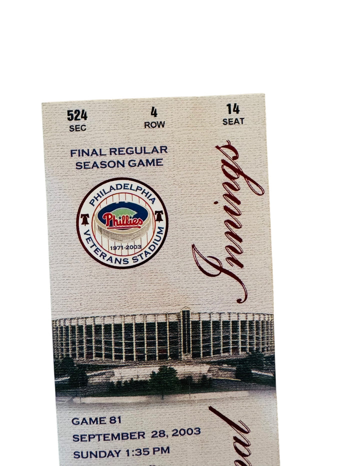 PHILADELPHIA PHILLIES LAST GAME AT VETERANS STADIUM 2003 COMMEMORATIVE TICKET + SLEEVE