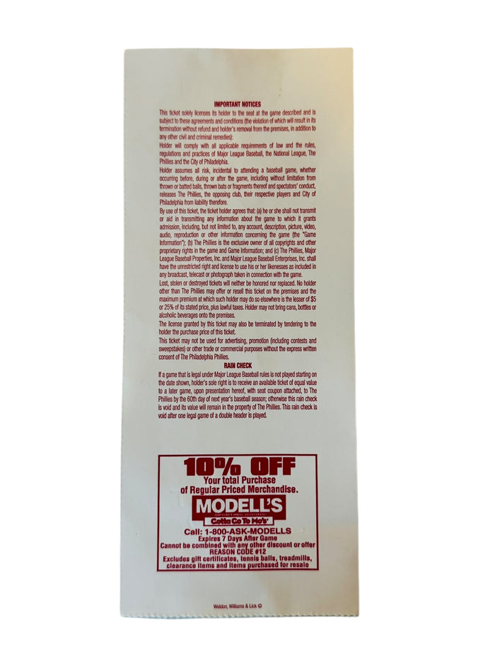 PHILADELPHIA PHILLIES LAST GAME AT VETERANS STADIUM 2003 COMMEMORATIVE TICKET + SLEEVE