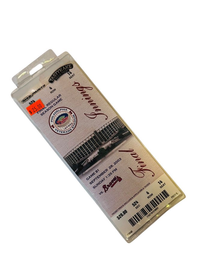 PHILADELPHIA PHILLIES LAST GAME AT VETERANS STADIUM 2003 COMMEMORATIVE TICKET + SLEEVE