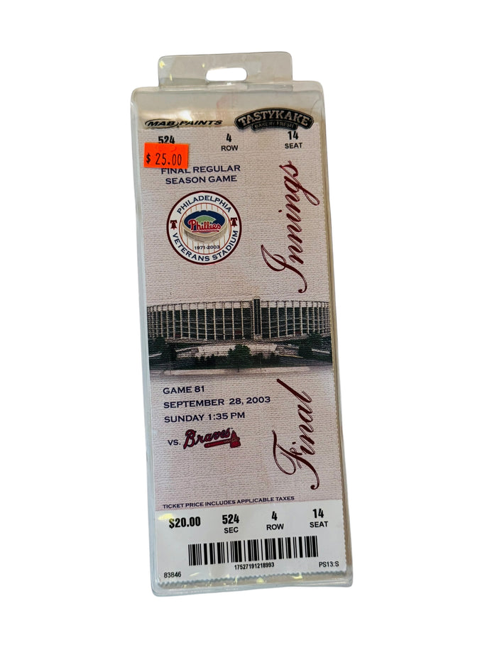 PHILADELPHIA PHILLIES LAST GAME AT VETERANS STADIUM 2003 COMMEMORATIVE TICKET + SLEEVE