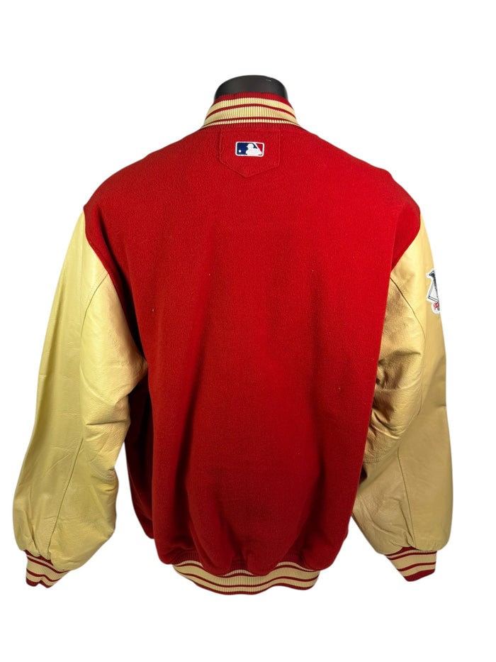 PHILADELPHIA PHILLIES RETRO VARSITY WINTER SNAP-UP LEATHER MAJESTIC JACKET ADULT 2XL