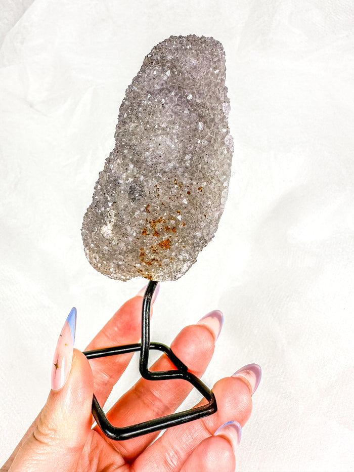 Raw Sugary Gray Pickle Amethyst w/ Red Hematite on Stand (34t)